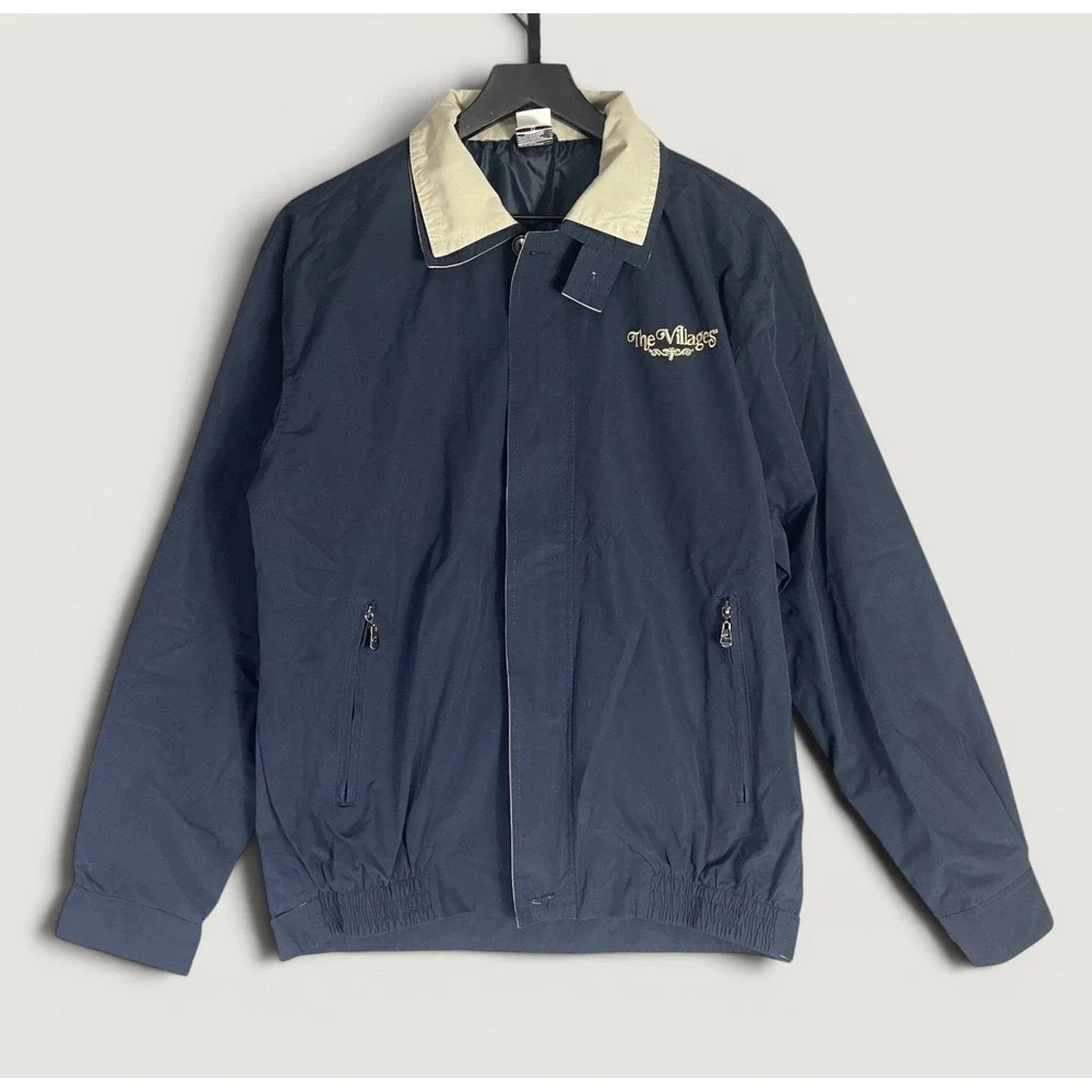 The Villages Navy Windbreaker Jacket Small Vintage Florida Golf Lined Zip